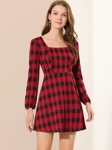 Allegra K- Square Neck Long Sleeve A-Line Plaid Dress