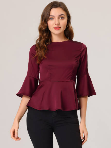 Allegra K - Elegant Tie Waist Satin Wrap Peplum Blouse