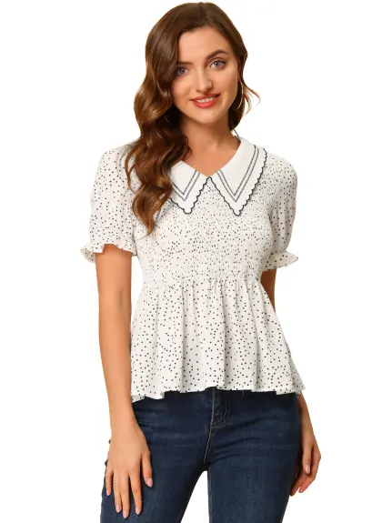 Allegra K- Smocked Polka Dots Peplum Blouse