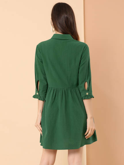 Allegra K- 3/4 Sleeve Button Up Flare Shirt Dress