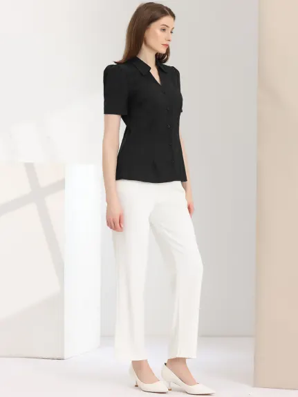 Allegra K- Split V Neck Collar Button Down Shirt