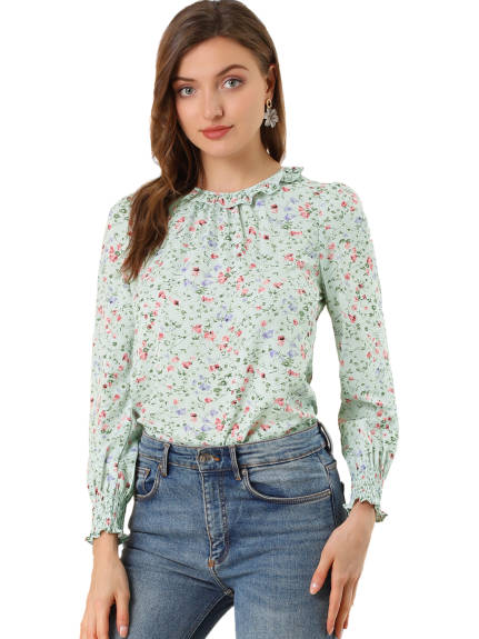 Allegra K- Smocked Cuff Ruffled Crew Neck Floral Blouse