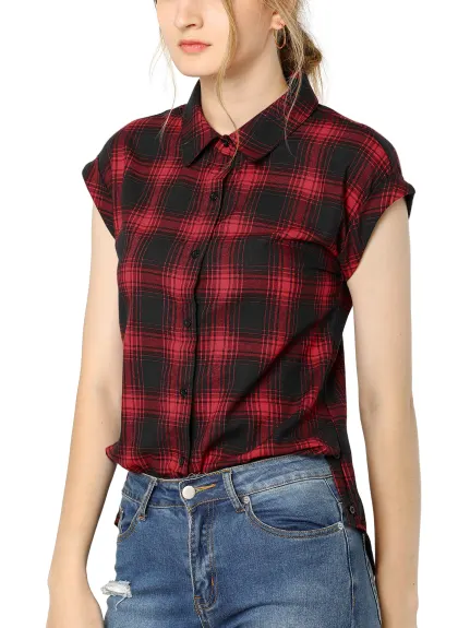 Allegra K- Plaid Short Sleeve Button Down Shirt