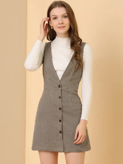 Allegra K- Overalls V-Neck Plaid Houndstooth Pinafore Dress