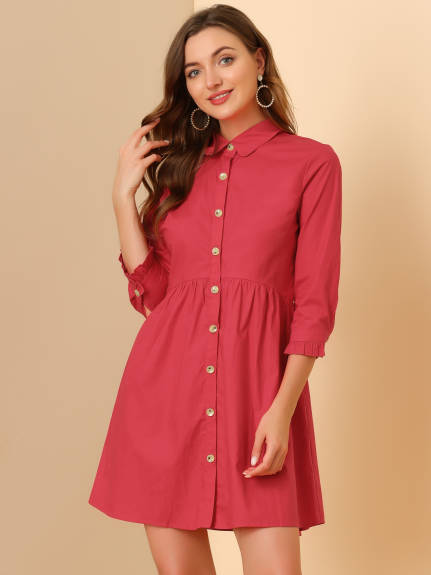 Allegra K- 3/4 Sleeve Button Up Flare Shirt Dress