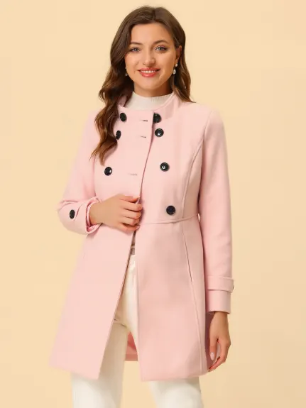 Allegra K- Stand Collar Long Sleeves Double Breasted Coat