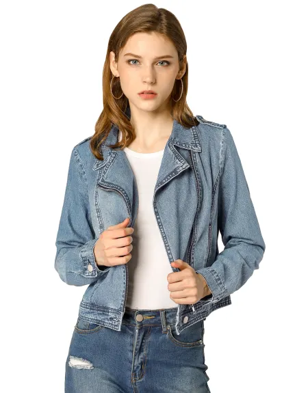 Allegra K- Veste en jean moto asymétrique à revers cranté et fermeture éclair