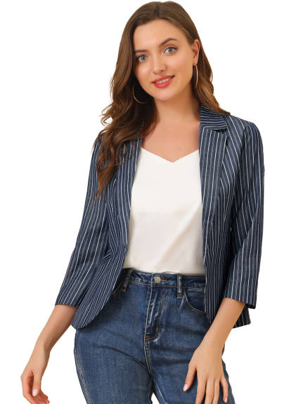 Allegra K- Casual Striped 3/4 Sleeves Open Front Notched Lapel Blazer