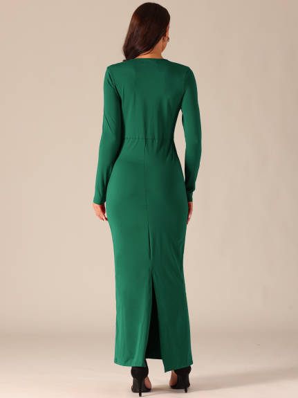 Allegra K - Long Sleeve V-Neck Split Hem Bodycon Maxi Dress