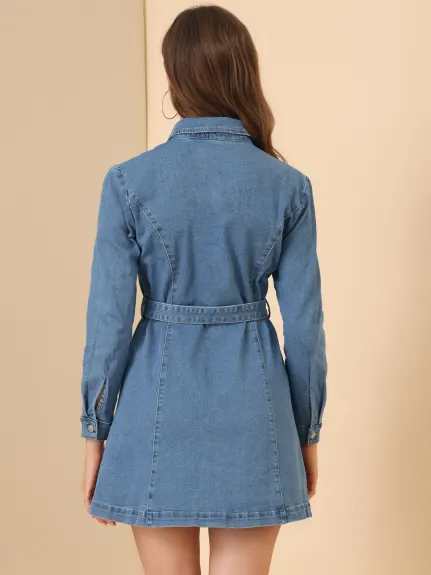 Allegra K- Long Sleeves Belted Denim Shirt Dress