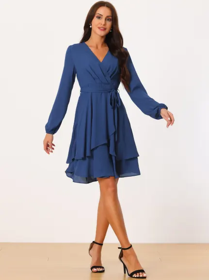 Allegra K- Deep V Neck Wrap Long Sleeve Belted Mini Skating Flowy Dress