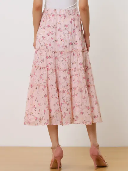 Allegra K- Floral Tiered A-Line Long Chiffon Skirt