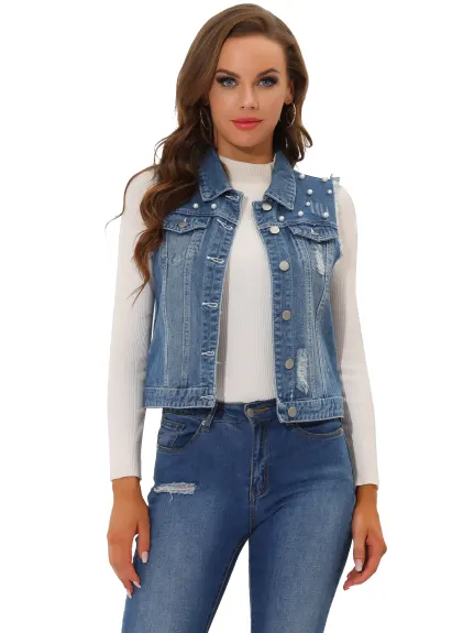 Allegra K- Denim Pearls Distressed Cropped Jacket