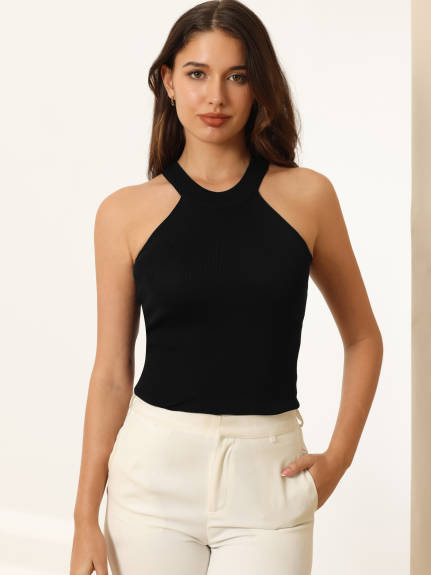 Hobemty- Sleeveless Knit Halter Neck Tank Top