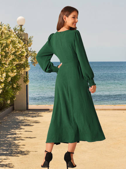 Allegra K - Pleated Front Flowy Long Sleeve Dress