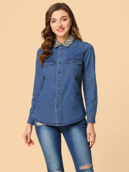 Allegra K- Button Up Long Sleeve Leopard Denim Shirt