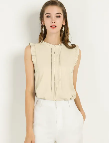 Allegra K- Ruffled Mandarin Collar Sleeveless Pleated Blouse