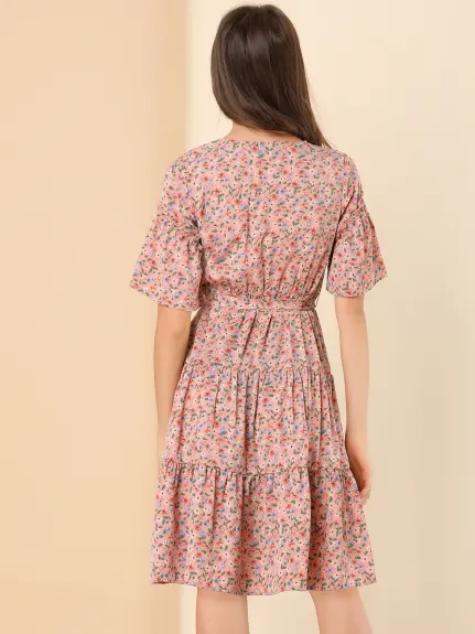 Allegra K- Tiered Ruffle Hem Elastic Waist V Neck Bell Sleeve Floral Dress