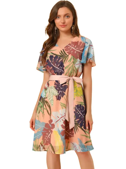 Allegra K- Leaf Prints V-Neck Belted Chiffon Dress