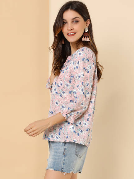 Allegra K- Tie V Neck Ruffled 3/4 Sleeve Floral Blouse