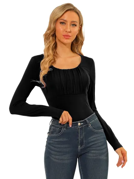 Allegra K - Scoop Neck Long Sleeves Ruched Fitted Top