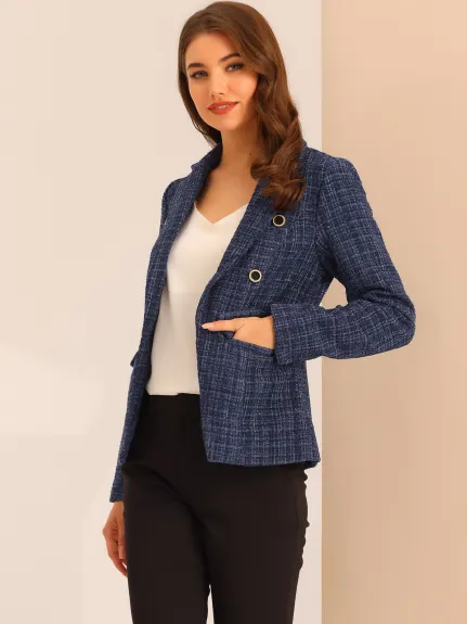 Allegra K- Notched Lapel Open Front Plaid Tweed Blazer