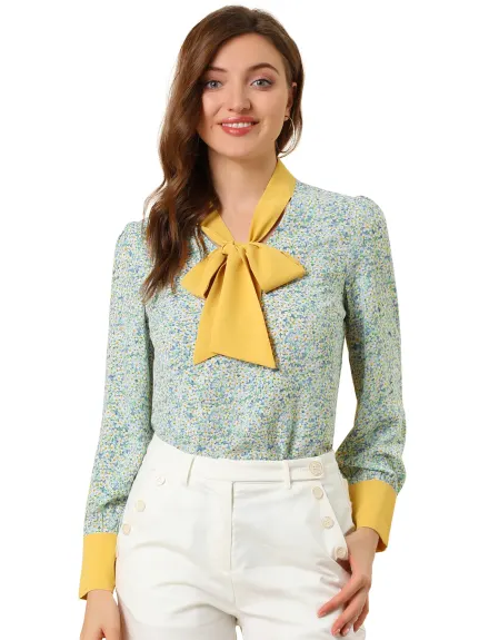 Allegra K- Bow Tie Long Sleeve Contrast Color Floral Blouse