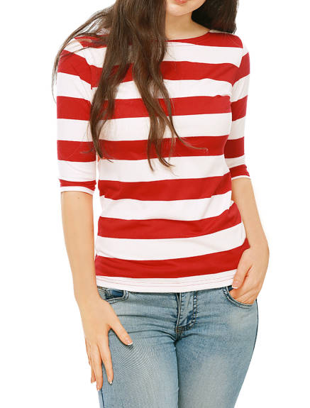 Allegra K- Boat Neck Elbow Sleeve Slim Fit Stripe T-Shirt