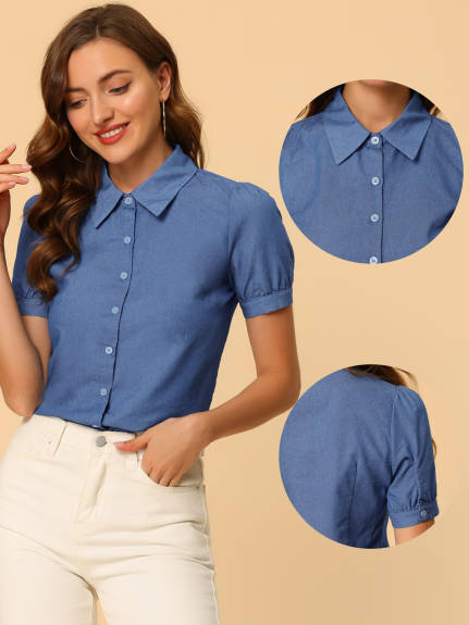 Allegra K - Puff Short Sleeve Button Denim Shirt