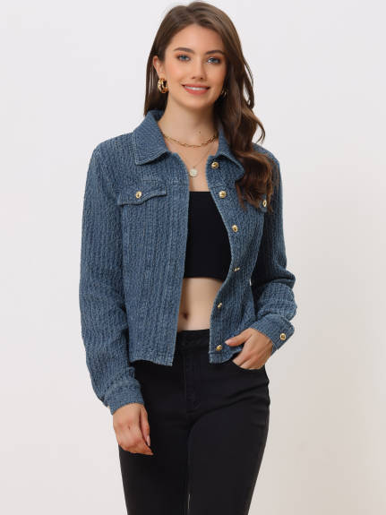 Allegra K- Collared Texture Washed Jean Jackets