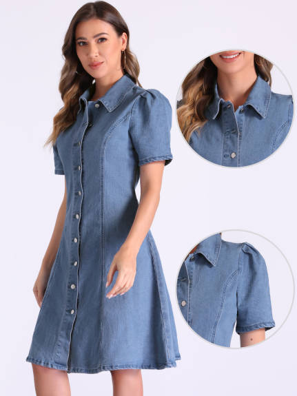 INSPIRE CHIC - Puff Sleeve Button Down Collared Denim Dress