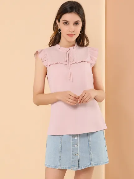 Allegra K - Ruffle Stand Collar Cap Sleeve Chiffon Blouse