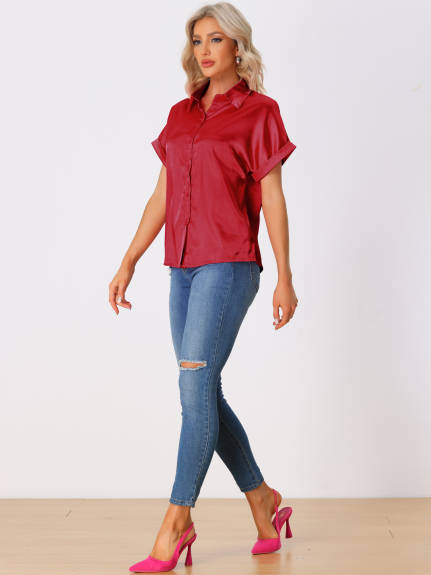 Allegra K - Satin Button Down Short Sleeves Shirt