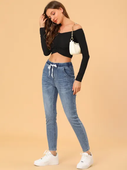 Allegra K- Skinny Jeans High Waisted Drawstring Stretch Denim