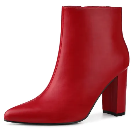 Allegra K - Pointed Toe Block Heeled PU Ankle Boots