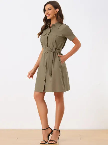 Allegra K- Button Down Safari Pocket Belted Shirt dress