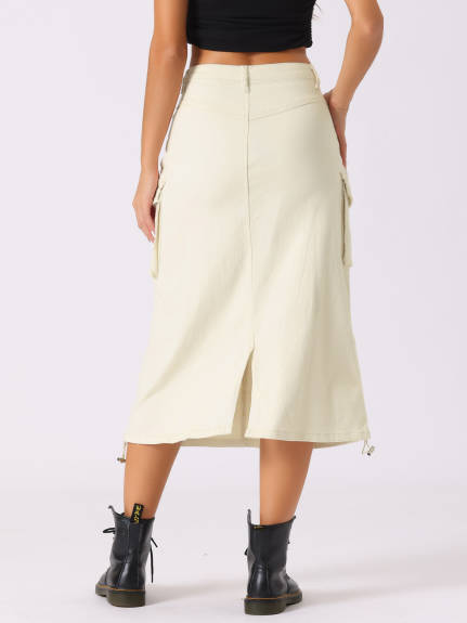 Allegra K- Flap Pocket Back Slit Drawstring Midi Cargo Skirt