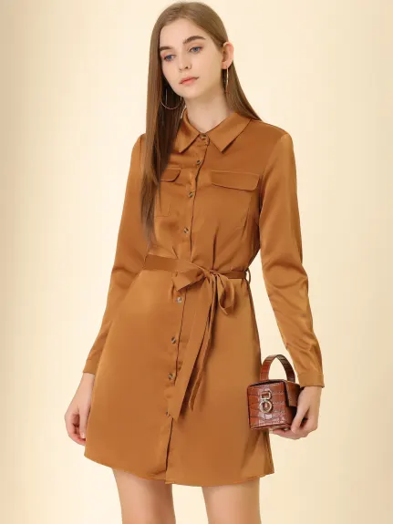 Allegra K- Button Down Satin Shirt Dress