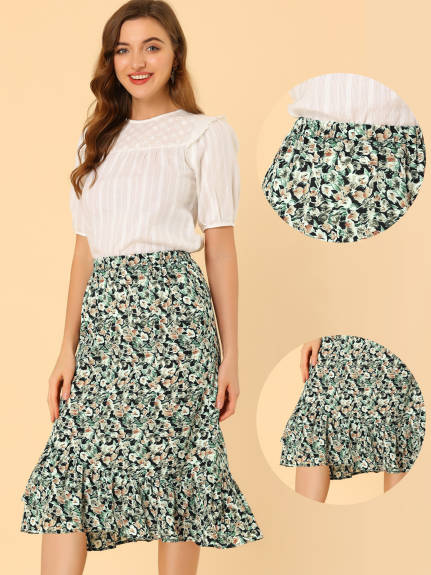 Allegra K- Elastic Waist Ruffle Floral Midi Skirt