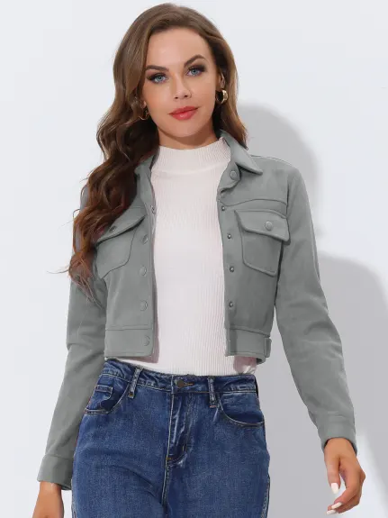 Allegra K- Faux daim col cranté boutonné veste courbée