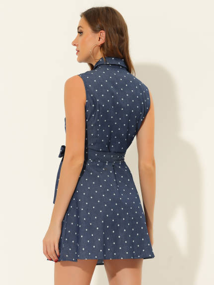 Allegra K- Polk Dots Tie Waist Sleeveless Shirt Dress