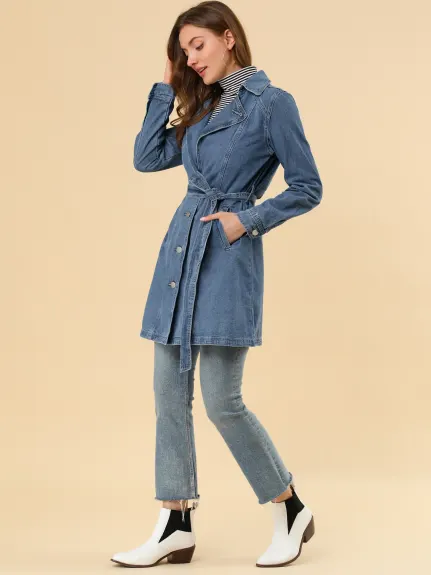 Allegra K- Notched Lapel Button Belted Long Denim Jacket