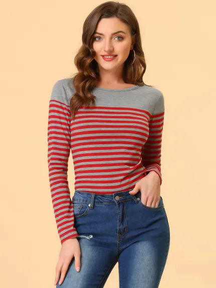 Allegra K- Color Block Long Sleeve Stripe T-Shirt