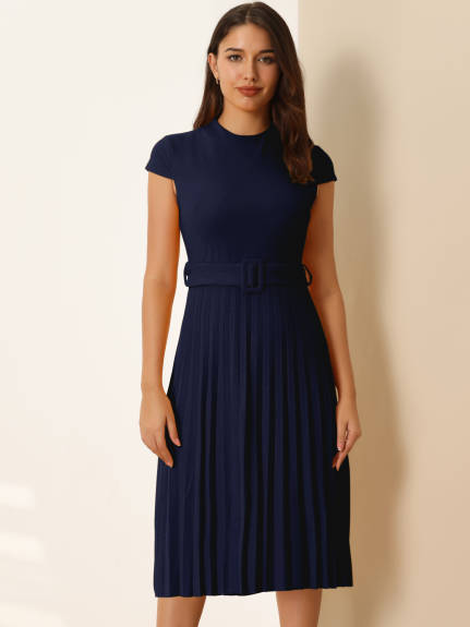 Hobemty- Mock Neck Belted A-Line Pleated Dress