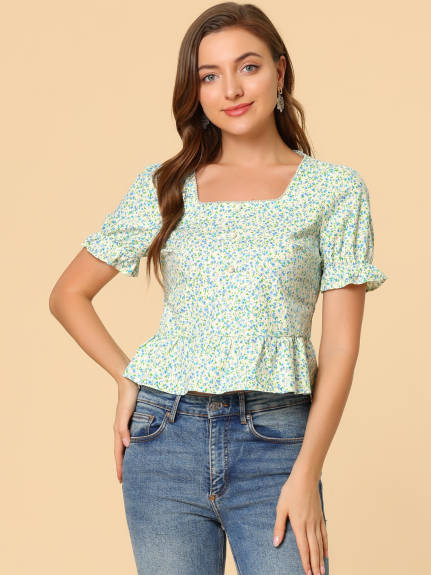 Allegra K - Floral Square Neck Puff Sleeve Ruffle Peplum Top