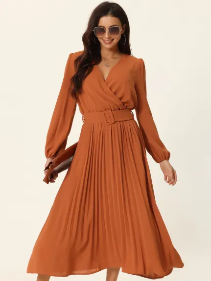 Allegra K- Pleated Puff Long Sleeve V Neck Belt Waist Midi Dress