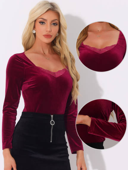 Allegra K - Velvet Contrast Lace V Neck Fall Top