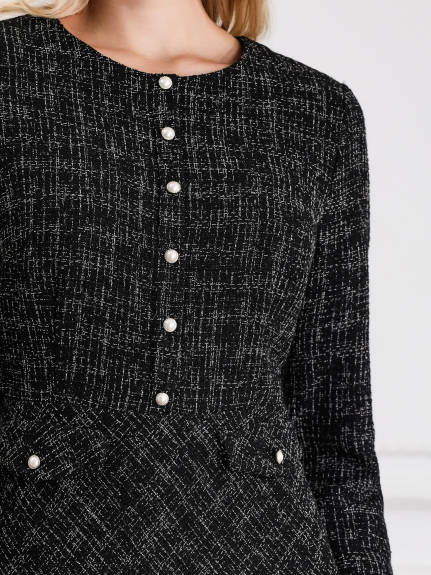 Hobemty - Tweed Long Sleeve A-Line Midi Dress