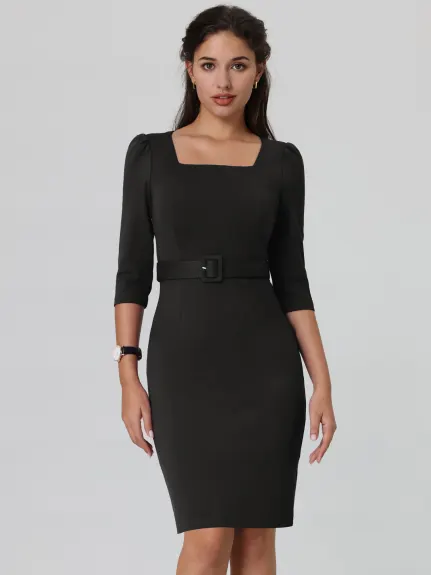 Hobemty- Square Neck Puff Sleeve Belted Pencil Dress