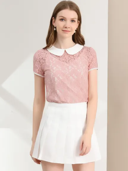 Allegra K- Contrast Peter Pan Collar Sheer Lace Top